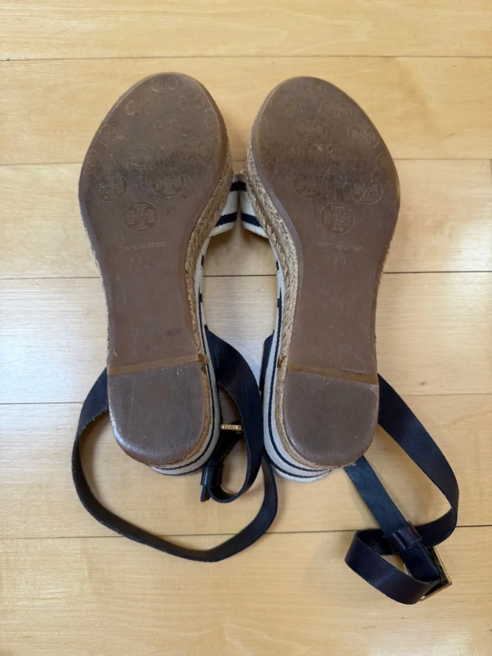 Tory Burch Striped Canvas Karissa Espadrille Wedge Sandal Ankle Strap Size 9